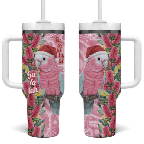 Australia Pink Galah Christmas Tumbler With Handle Falalalala Galalah Bottlebrush Aboriginal Art - Aussie Hoodie