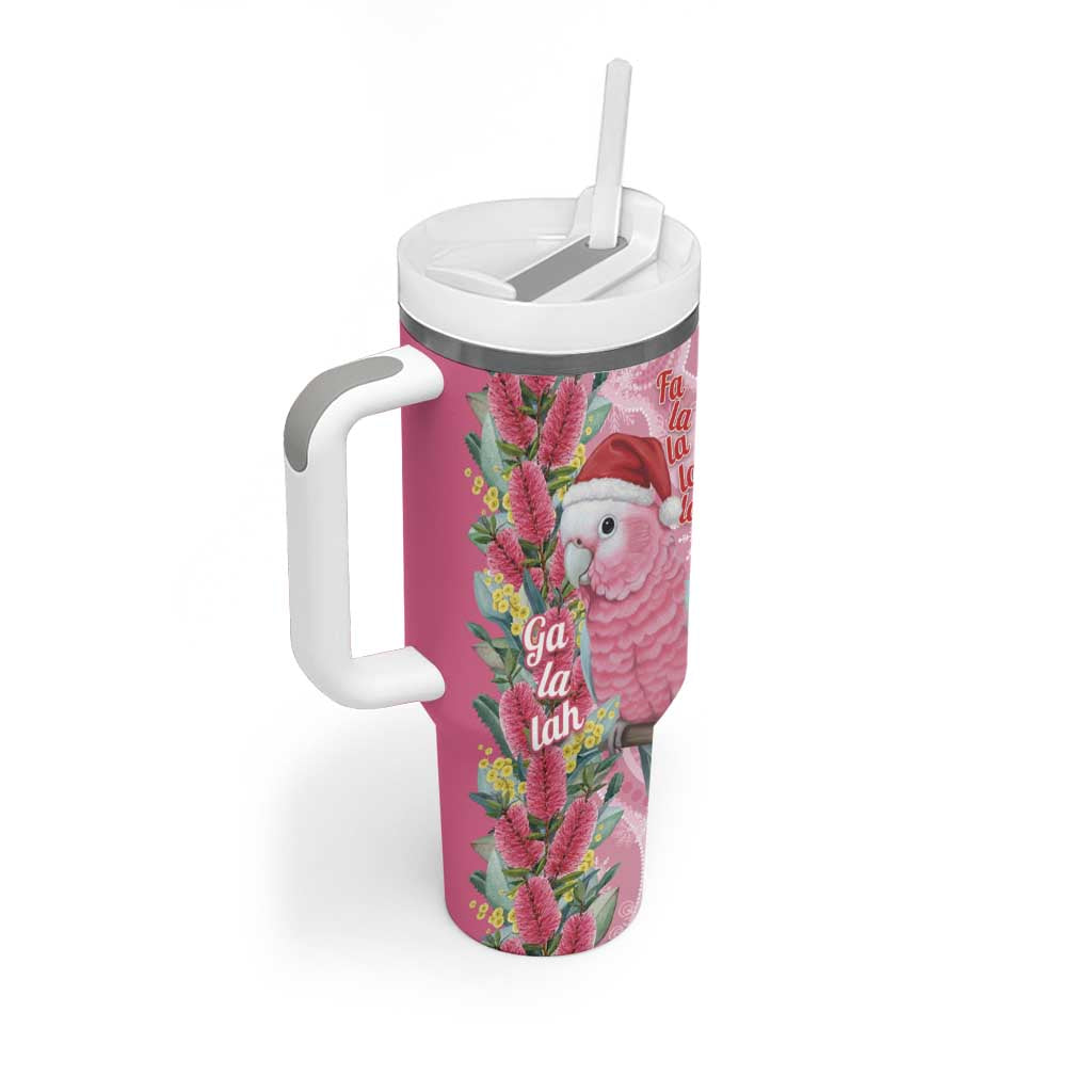 Australia Pink Galah Christmas Tumbler With Handle Falalalala Galalah Bottlebrush Aboriginal Art - Aussie Hoodie