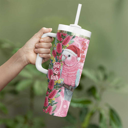 Australia Pink Galah Christmas Tumbler With Handle Falalalala Galalah Bottlebrush Aboriginal Art - Aussie Hoodie