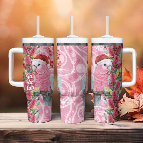 Australia Pink Galah Christmas Tumbler With Handle Falalalala Galalah Bottlebrush Aboriginal Art - Aussie Hoodie