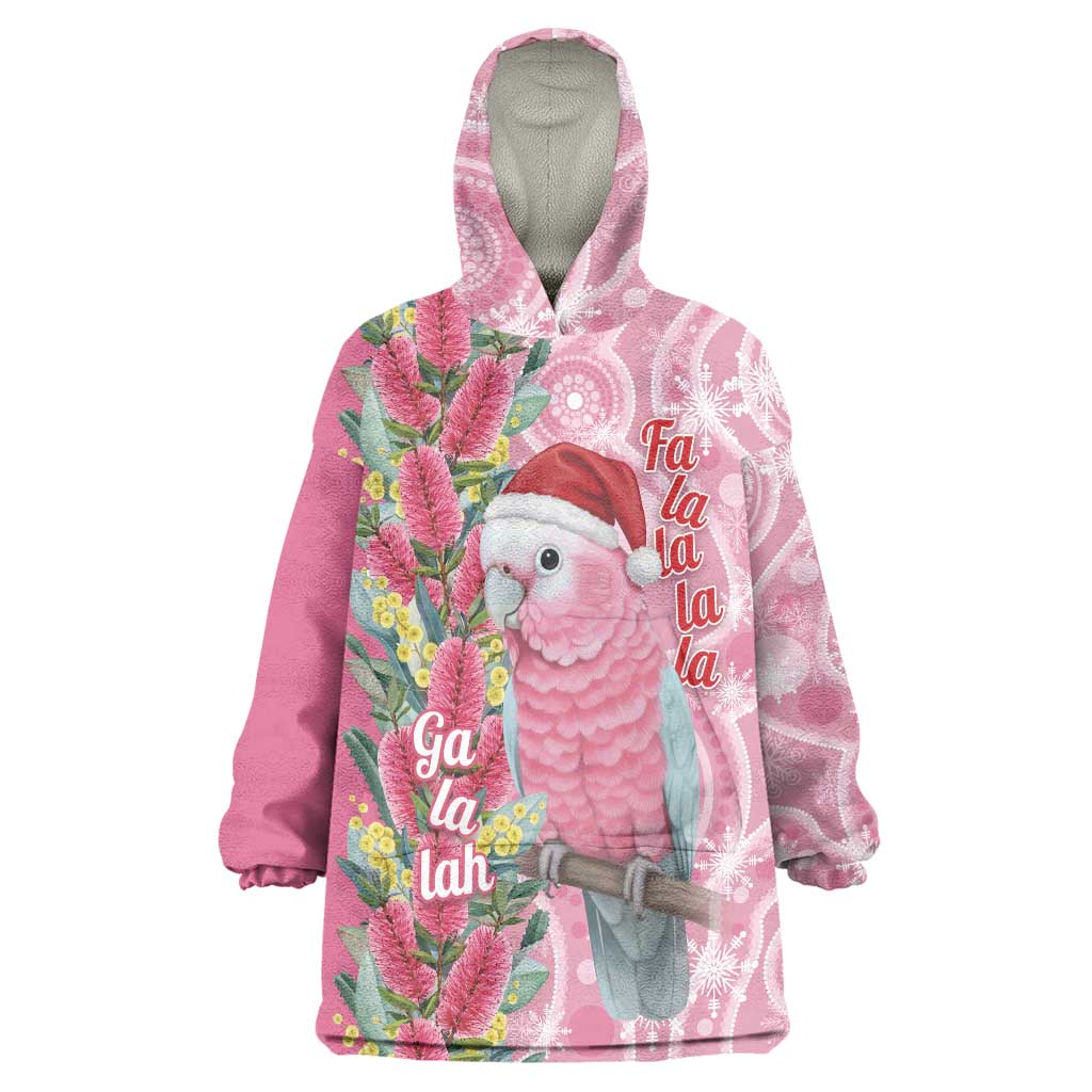 Australia Pink Galah Christmas Wearable Blanket Hoodie Falalalala Galalah Bottlebrush Aboriginal Art - Aussie Hoodie