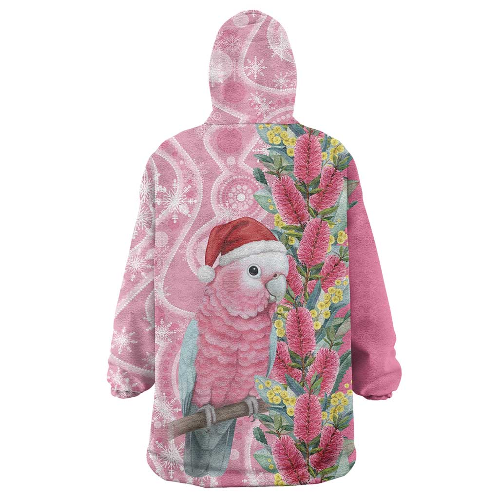 Australia Pink Galah Christmas Wearable Blanket Hoodie Falalalala Galalah Bottlebrush Aboriginal Art - Aussie Hoodie