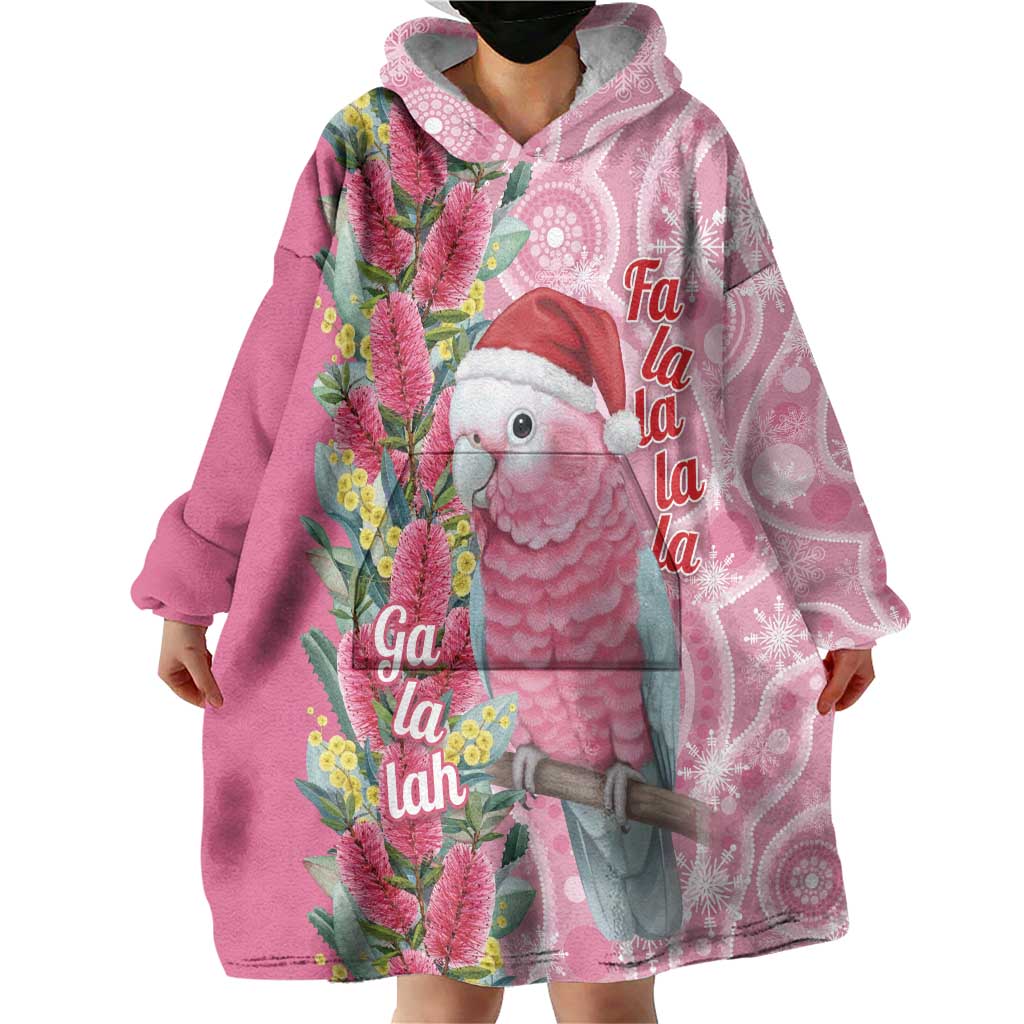 Australia Pink Galah Christmas Wearable Blanket Hoodie Falalalala Galalah Bottlebrush Aboriginal Art - Aussie Hoodie
