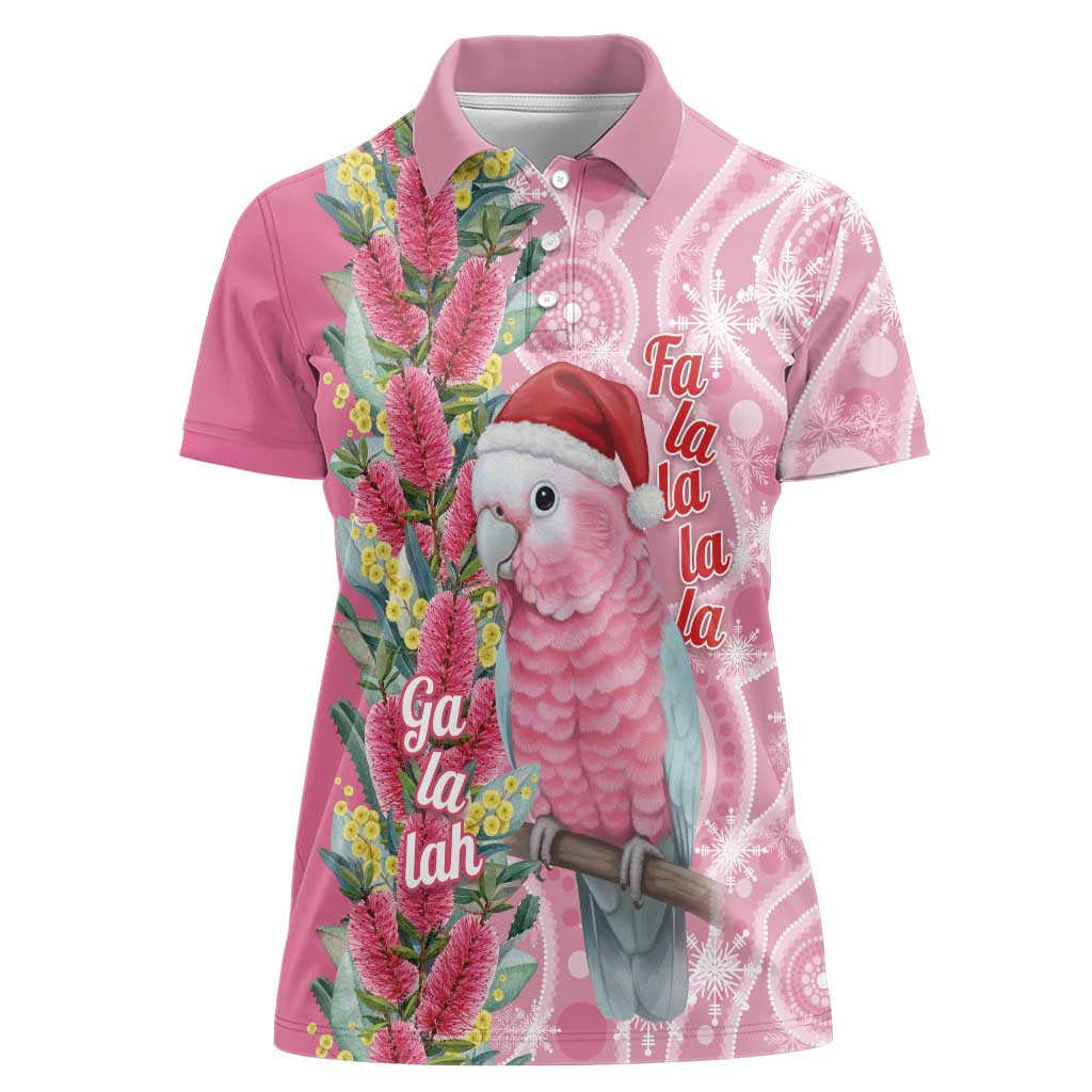 Australia Pink Galah Christmas Women Polo Shirt Falalalala Galalah Bottlebrush Aboriginal Art - Aussie Hoodie