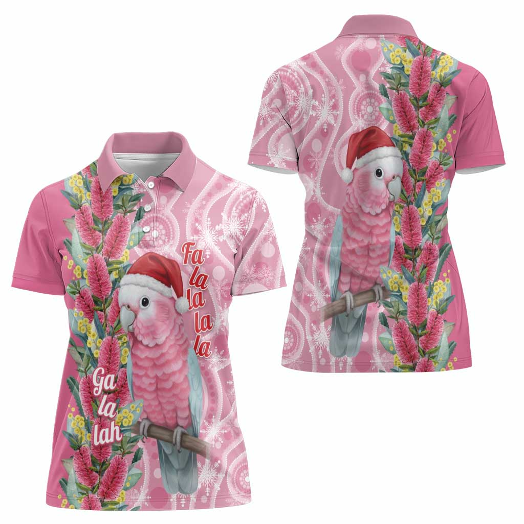 Australia Pink Galah Christmas Women Polo Shirt Falalalala Galalah Bottlebrush Aboriginal Art - Aussie Hoodie