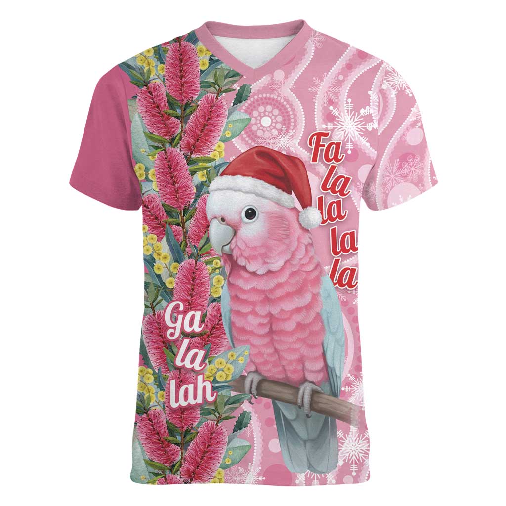 Australia Pink Galah Christmas Women V-Neck T-Shirt Falalalala Galalah Bottlebrush Aboriginal Art - Aussie Hoodie