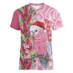 Australia Pink Galah Christmas Women V-Neck T-Shirt Falalalala Galalah Bottlebrush Aboriginal Art - Aussie Hoodie