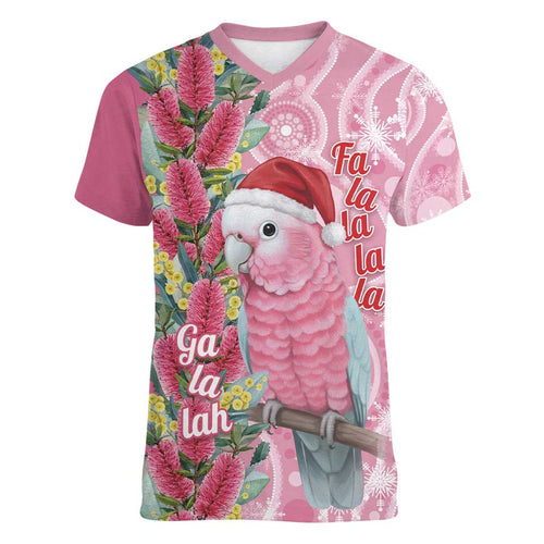 Australia Pink Galah Christmas Women V-Neck T-Shirt Falalalala Galalah Bottlebrush Aboriginal Art - Aussie Hoodie