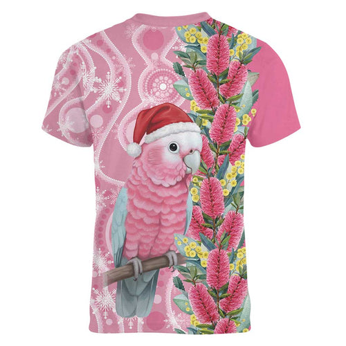 Australia Pink Galah Christmas Women V-Neck T-Shirt Falalalala Galalah Bottlebrush Aboriginal Art - Aussie Hoodie