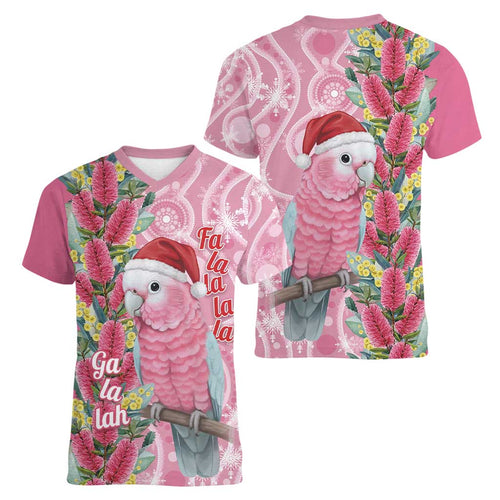 Australia Pink Galah Christmas Women V-Neck T-Shirt Falalalala Galalah Bottlebrush Aboriginal Art - Aussie Hoodie