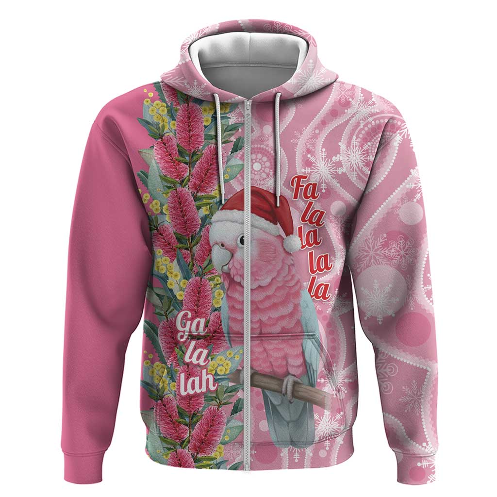 Australia Pink Galah Christmas Zip Hoodie Falalalala Galalah Bottlebrush Aboriginal Art - Aussie Hoodie
