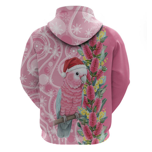 Australia Pink Galah Christmas Zip Hoodie Falalalala Galalah Bottlebrush Aboriginal Art - Aussie Hoodie