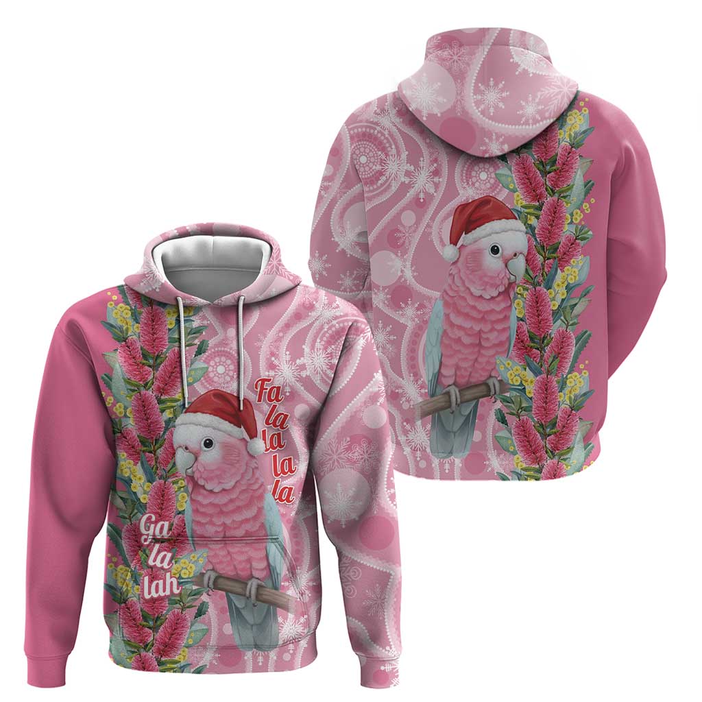 Australia Pink Galah Christmas Zip Hoodie Falalalala Galalah Bottlebrush Aboriginal Art - Aussie Hoodie