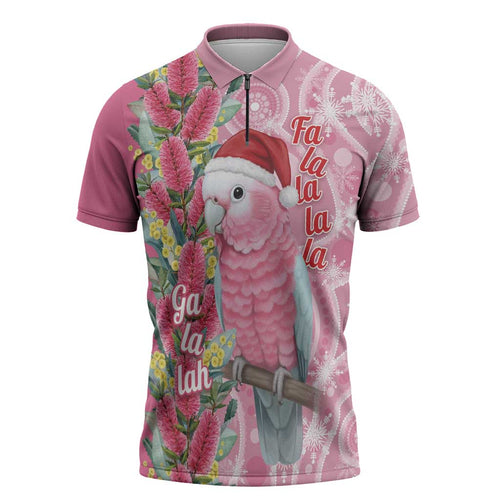 Australia Pink Galah Christmas Zipper Polo Shirt Falalalala Galalah Bottlebrush Aboriginal Art - Aussie Hoodie
