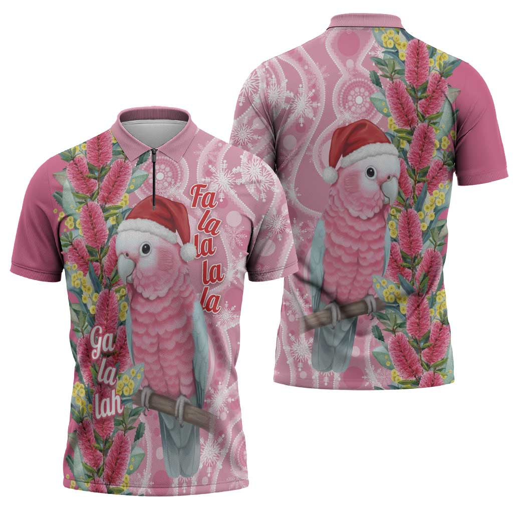 Australia Pink Galah Christmas Zipper Polo Shirt Falalalala Galalah Bottlebrush Aboriginal Art - Aussie Hoodie