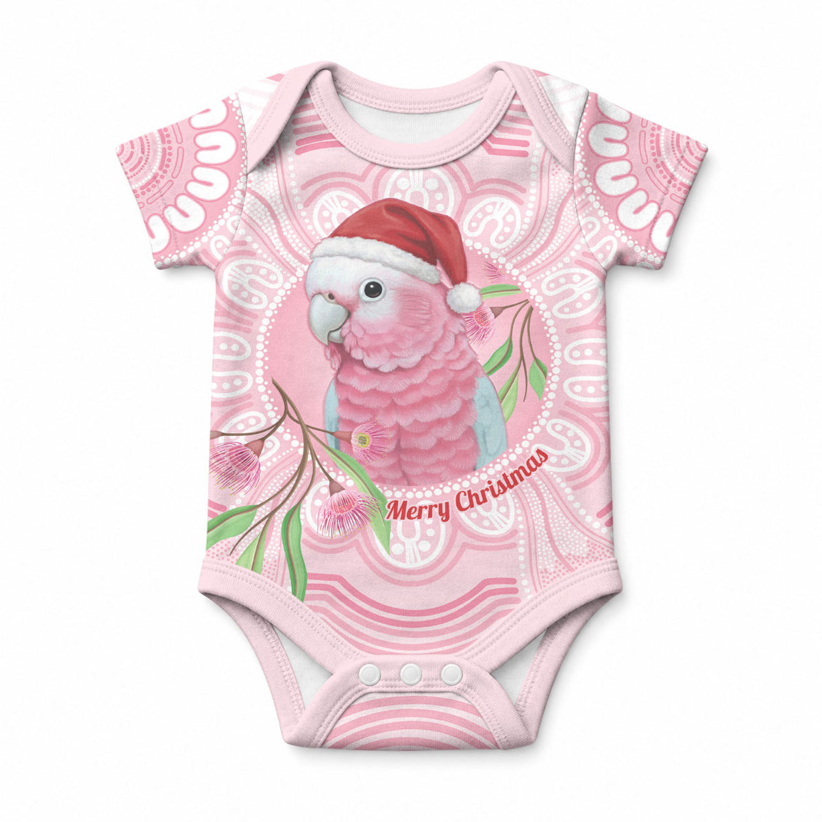 Funny Pink Galah Australia Christmas Baby Onesie Eucalyptus Blossoms Aboriginal Art