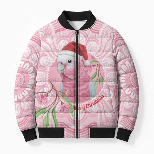 Funny Pink Galah Australia Christmas Bomber Puffer Jacket Eucalyptus Blossoms Aboriginal Art - Aussie Hoodie