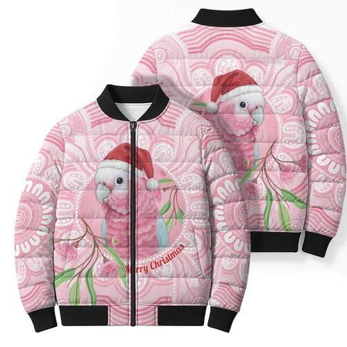 Funny Pink Galah Australia Christmas Bomber Puffer Jacket Eucalyptus Blossoms Aboriginal Art - Aussie Hoodie