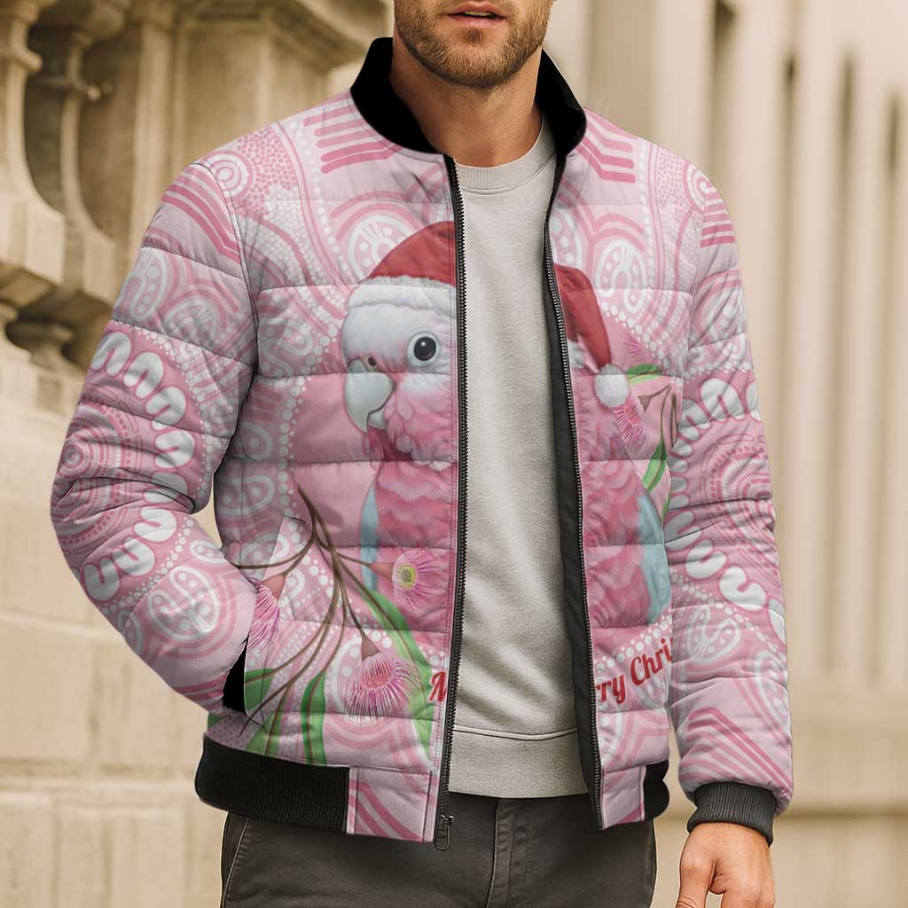 Funny Pink Galah Australia Christmas Bomber Puffer Jacket Eucalyptus Blossoms Aboriginal Art - Aussie Hoodie