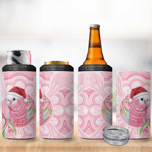 Funny Pink Galah Australia Christmas 4 in 1 Can Cooler Tumbler Eucalyptus Blossoms Aboriginal Art - Aussie Hoodie