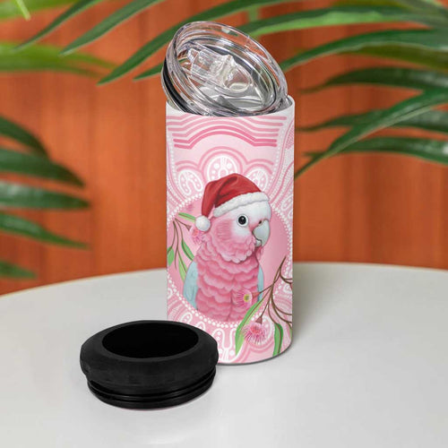 Funny Pink Galah Australia Christmas 4 in 1 Can Cooler Tumbler Eucalyptus Blossoms Aboriginal Art - Aussie Hoodie