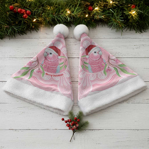 Funny Pink Galah Australia Christmas Santa Hat Eucalyptus Blossoms Aboriginal Art - Aussie Hoodie