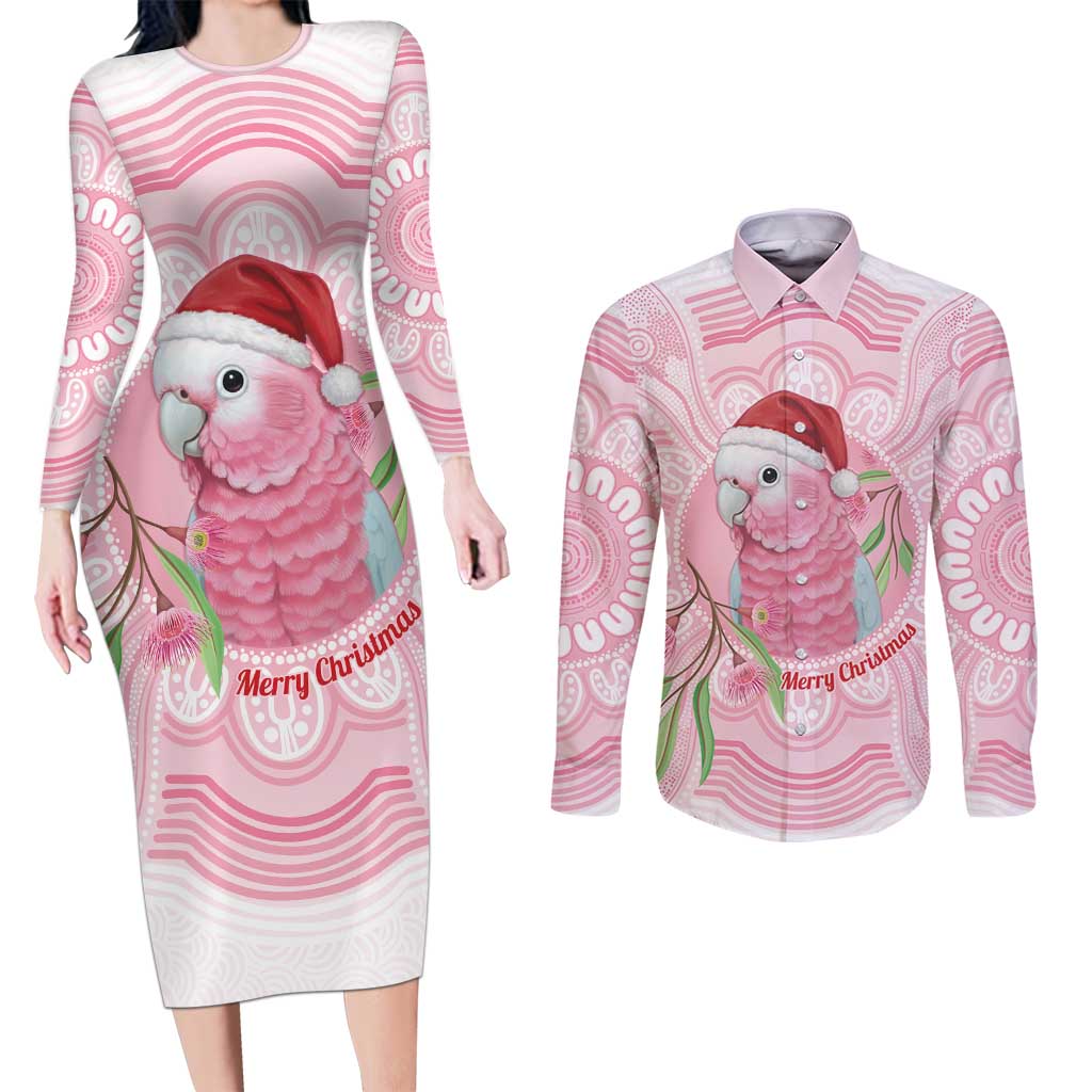 Funny Pink Galah Australia Christmas Couples Matching Long Sleeve Bodycon Dress and Long Sleeve Button Shirt Eucalyptus Blossoms Aboriginal Art - Aussie Hoodie
