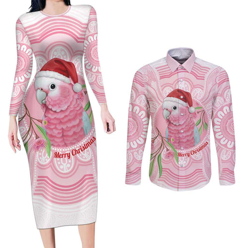 Funny Pink Galah Australia Christmas Couples Matching Long Sleeve Bodycon Dress and Long Sleeve Button Shirt Eucalyptus Blossoms Aboriginal Art - Aussie Hoodie