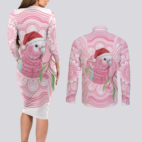 Funny Pink Galah Australia Christmas Couples Matching Long Sleeve Bodycon Dress and Long Sleeve Button Shirt Eucalyptus Blossoms Aboriginal Art - Aussie Hoodie