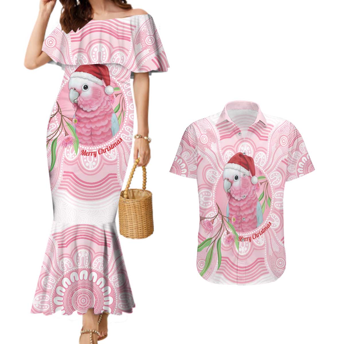 Funny Pink Galah Australia Christmas Couples Matching Mermaid Dress and Hawaiian Shirt Eucalyptus Blossoms Aboriginal Art - Aussie Hoodie