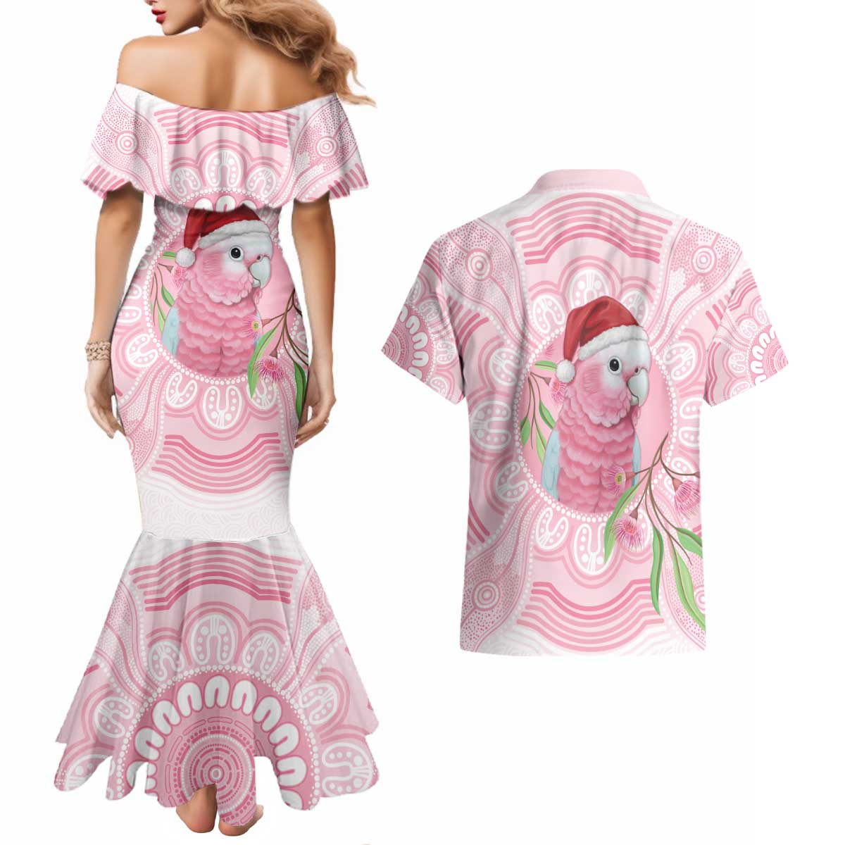 Funny Pink Galah Australia Christmas Couples Matching Mermaid Dress and Hawaiian Shirt Eucalyptus Blossoms Aboriginal Art - Aussie Hoodie