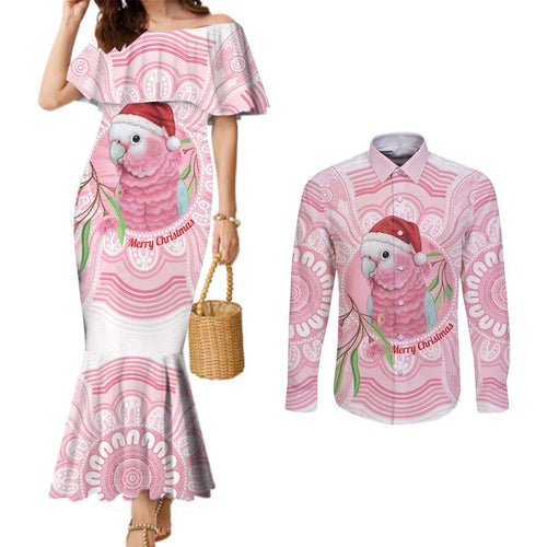 Funny Pink Galah Australia Christmas Couples Matching Mermaid Dress and Long Sleeve Button Shirt Eucalyptus Blossoms Aboriginal Art - Aussie Hoodie