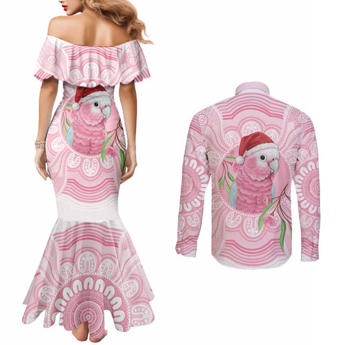 Funny Pink Galah Australia Christmas Couples Matching Mermaid Dress and Long Sleeve Button Shirt Eucalyptus Blossoms Aboriginal Art - Aussie Hoodie