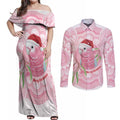 Funny Pink Galah Australia Christmas Couples Matching Off Shoulder Maxi Dress and Long Sleeve Button Shirt Eucalyptus Blossoms Aboriginal Art - Aussie Hoodie