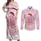 Funny Pink Galah Australia Christmas Couples Matching Off Shoulder Maxi Dress and Long Sleeve Button Shirt Eucalyptus Blossoms Aboriginal Art - Aussie Hoodie