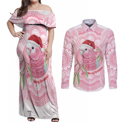 Funny Pink Galah Australia Christmas Couples Matching Off Shoulder Maxi Dress and Long Sleeve Button Shirt Eucalyptus Blossoms Aboriginal Art - Aussie Hoodie