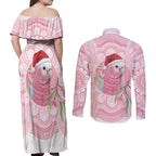 Funny Pink Galah Australia Christmas Couples Matching Off Shoulder Maxi Dress and Long Sleeve Button Shirt Eucalyptus Blossoms Aboriginal Art - Aussie Hoodie