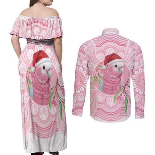 Funny Pink Galah Australia Christmas Couples Matching Off Shoulder Maxi Dress and Long Sleeve Button Shirt Eucalyptus Blossoms Aboriginal Art - Aussie Hoodie
