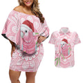 Funny Pink Galah Australia Christmas Couples Matching Off Shoulder Short Dress and Hawaiian Shirt Eucalyptus Blossoms Aboriginal Art - Aussie Hoodie