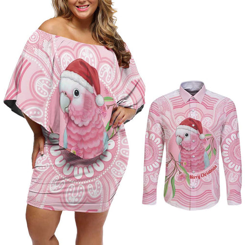 Funny Pink Galah Australia Christmas Couples Matching Off Shoulder Short Dress and Long Sleeve Button Shirt Eucalyptus Blossoms Aboriginal Art - Aussie Hoodie