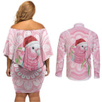 Funny Pink Galah Australia Christmas Couples Matching Off Shoulder Short Dress and Long Sleeve Button Shirt Eucalyptus Blossoms Aboriginal Art - Aussie Hoodie