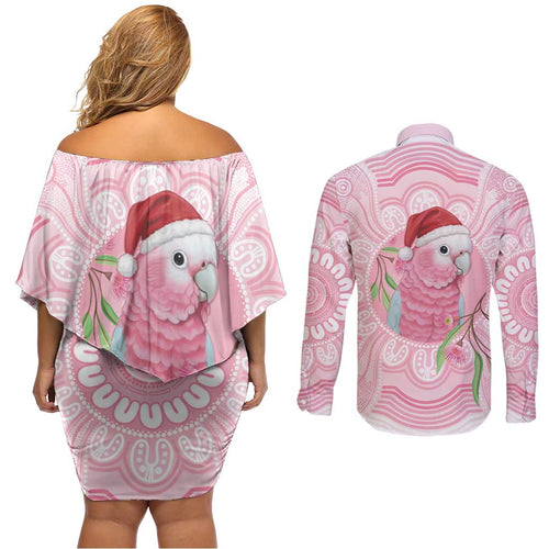 Funny Pink Galah Australia Christmas Couples Matching Off Shoulder Short Dress and Long Sleeve Button Shirt Eucalyptus Blossoms Aboriginal Art - Aussie Hoodie