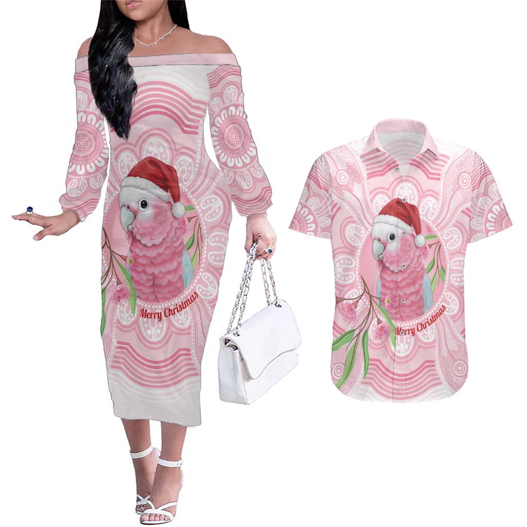 Funny Pink Galah Australia Christmas Couples Matching Off The Shoulder Long Sleeve Dress and Hawaiian Shirt Eucalyptus Blossoms Aboriginal Art - Aussie Hoodie