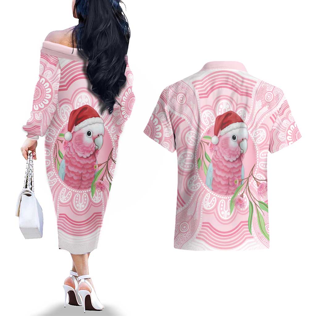 Funny Pink Galah Australia Christmas Couples Matching Off The Shoulder Long Sleeve Dress and Hawaiian Shirt Eucalyptus Blossoms Aboriginal Art - Aussie Hoodie