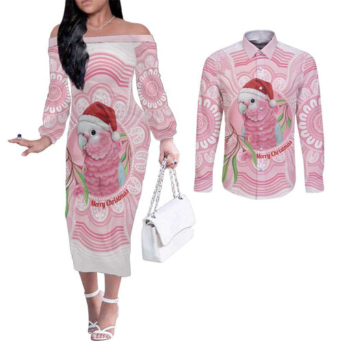 Funny Pink Galah Australia Christmas Couples Matching Off The Shoulder Long Sleeve Dress and Long Sleeve Button Shirt Eucalyptus Blossoms Aboriginal Art - Aussie Hoodie