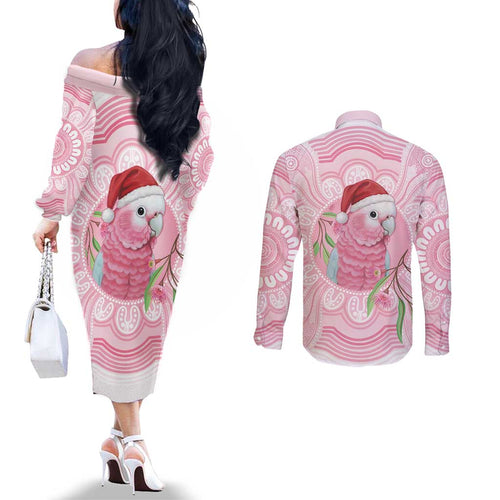 Funny Pink Galah Australia Christmas Couples Matching Off The Shoulder Long Sleeve Dress and Long Sleeve Button Shirt Eucalyptus Blossoms Aboriginal Art - Aussie Hoodie