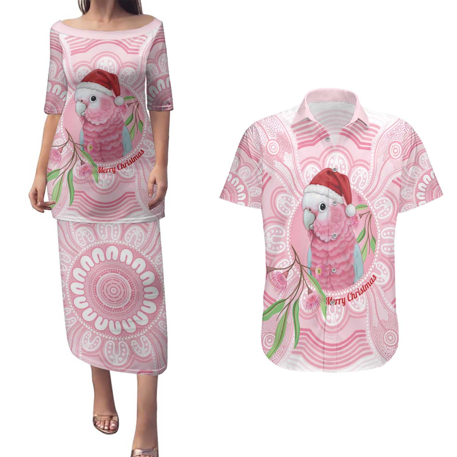 Funny Pink Galah Australia Christmas Couples Matching Puletasi and Hawaiian Shirt Eucalyptus Blossoms Aboriginal Art - Aussie Hoodie