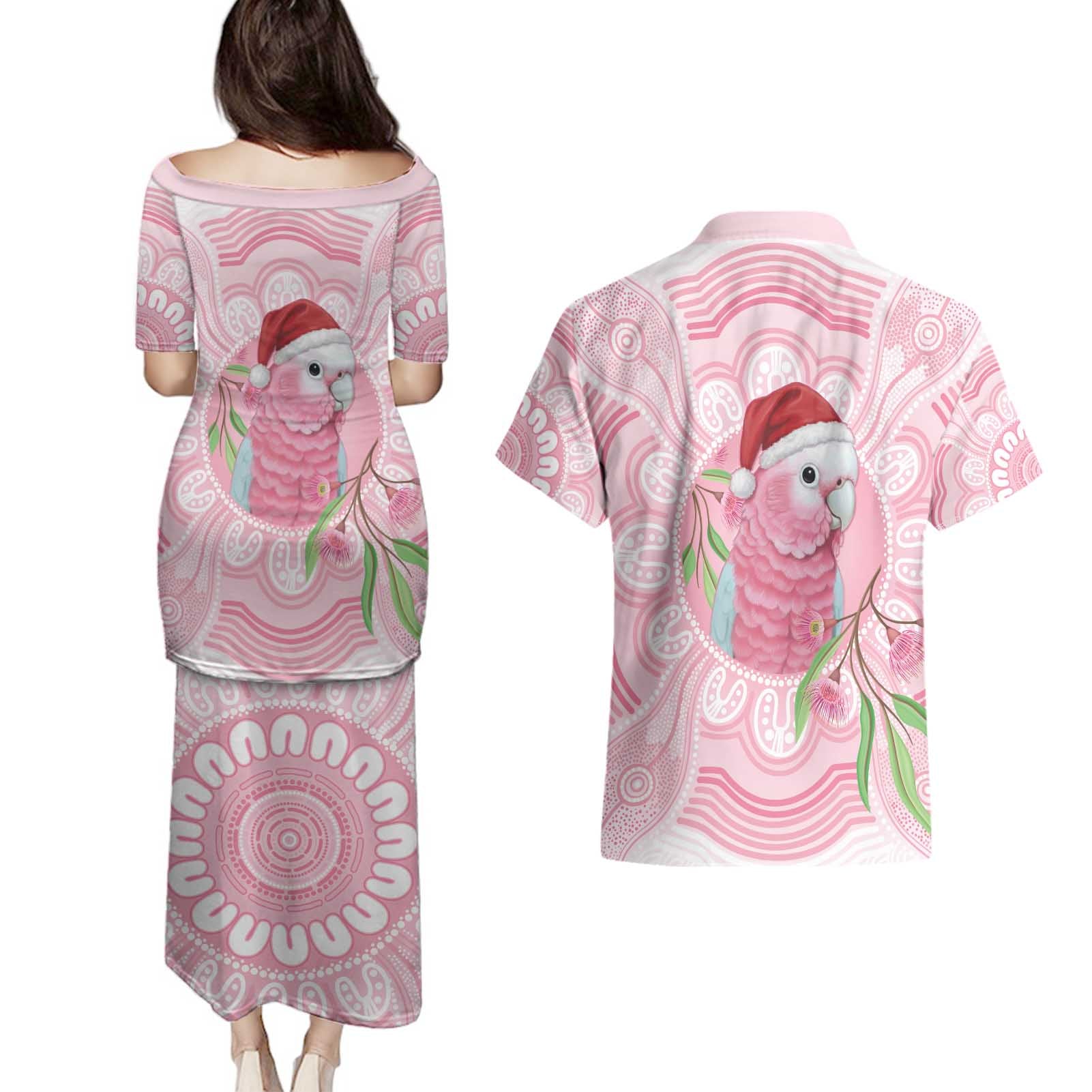 Funny Pink Galah Australia Christmas Couples Matching Puletasi and Hawaiian Shirt Eucalyptus Blossoms Aboriginal Art - Aussie Hoodie
