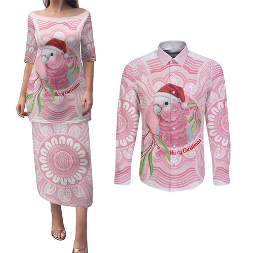Funny Pink Galah Australia Christmas Couples Matching Puletasi and Long Sleeve Button Shirt Eucalyptus Blossoms Aboriginal Art - Aussie Hoodie