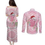 Funny Pink Galah Australia Christmas Couples Matching Puletasi and Long Sleeve Button Shirt Eucalyptus Blossoms Aboriginal Art - Aussie Hoodie